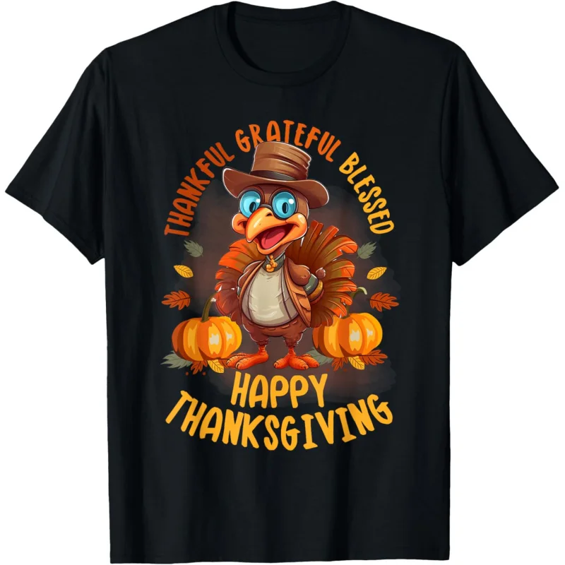 

Thanksgiving Thankful Grateful Blessed Turkey Women Girls T-Shirt