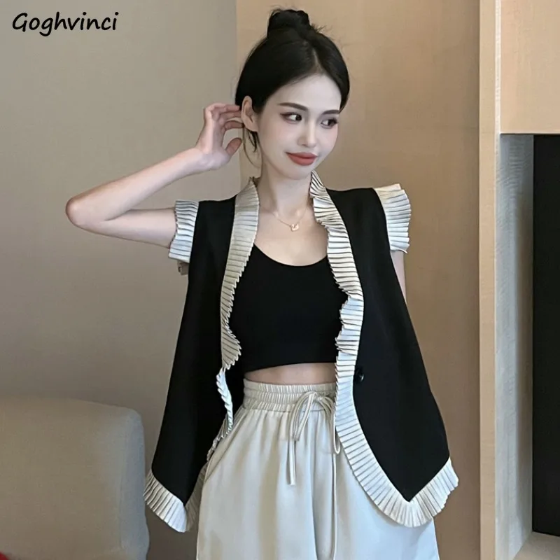 

Vests Women Summer Coats Elegant Pleated Patchwork Vintage Famous Lady Outwear Y2k Korean Fashion Clothes Designed Chic Girl