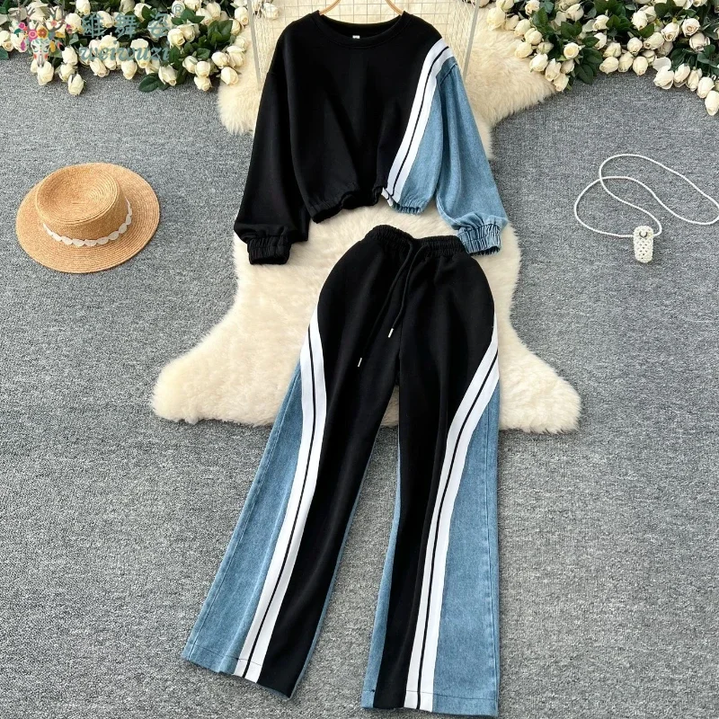 

Pants Set Women's 2 Piece Sets Round Neck Matching Sets Sweatshirts Denim Tops Elastic Wide Leg Jeans Autumn Casual Loose Outfit