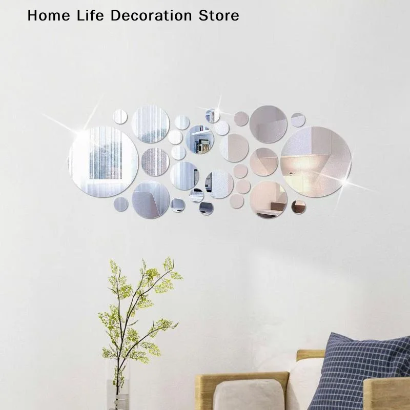 【TG】26PCs 3D Round Mirror Acrylic Mirror Wall Sticker DIY Bedroom Bathroom And TV Background Room Sticker Home Wall Decoration