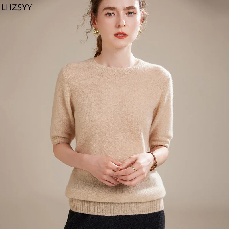 

LHZSYY 100%Pure Goat Cashmere Short-Sleeved T-Shirt Women's Knit Loose Sweater O-Neck Bottoming Shirt 2024 New Half-Sleeve Shirt