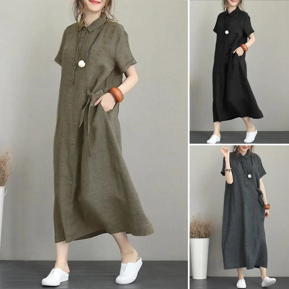 

Summer Dress Women Cotton Linen Vintage Casual Loose Lapel Short-sleeved Dress New In Mid-length Long Dress for Women