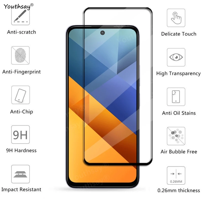 6in1 Glass For Poco M6 Full Cover Tempered Glass Xiaomi Poco M6 Screen Protector HD Protective Phone Lens Film For Poco M6 4G