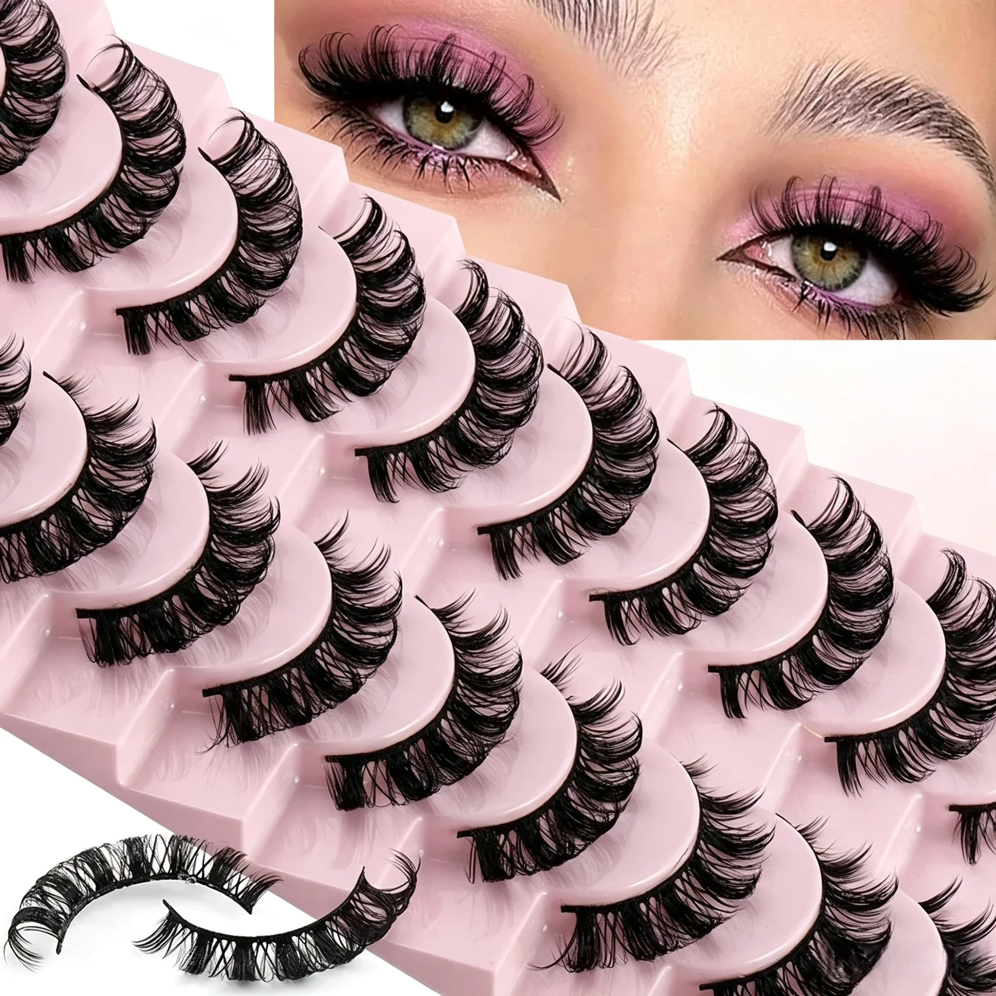 10 Pairs D Curl Russian Strip Lashes Faux Mink False Eyelashes Fluffy Dramatic Volume Wispy Thick Reusable Fake Lashes Soft