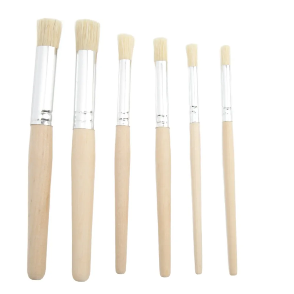 6PCS Wood Handle Paint Brush Set Round Shaped Stiff Hair Oil Painting Brushes Firm Texture Round Head Brushes Texture Painting
