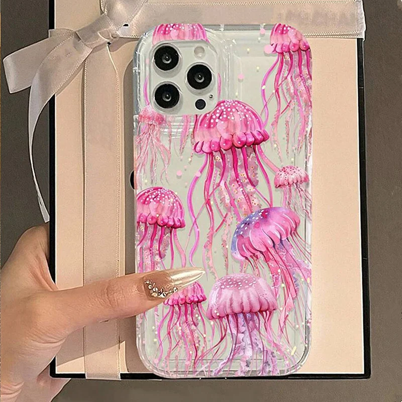 Pink Jellyfish Oceanic Print Phone Case For Xiaomi Mi 13 12 11 Lite 5G 14 13T 13 12T 12 Poco X6 X5 F5 X3 Pro Airbag Sharks Cover