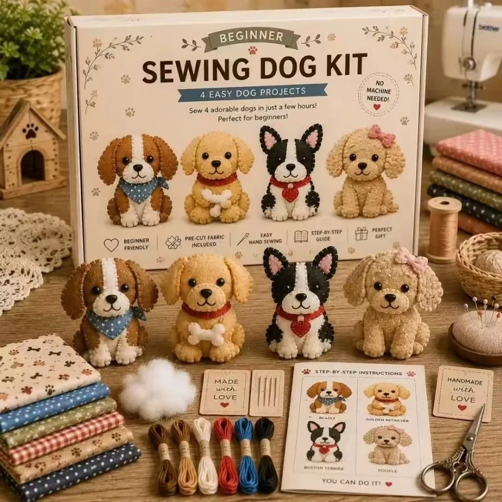 Cartoon Animals DIY Sewing Kit Pre-cut Fabric Easily Sewing Fabric Art Craft Set Bird Cat Dogs with Guide Cloth Sewing Crafts