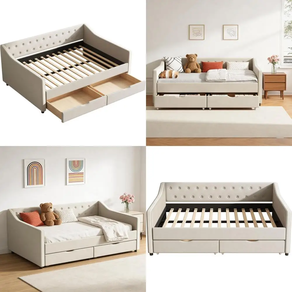 Linen Fabric Daybed with Storage, Button Back, Piping Arms, and Tufted Sofa for Living or Bedroom, Beige