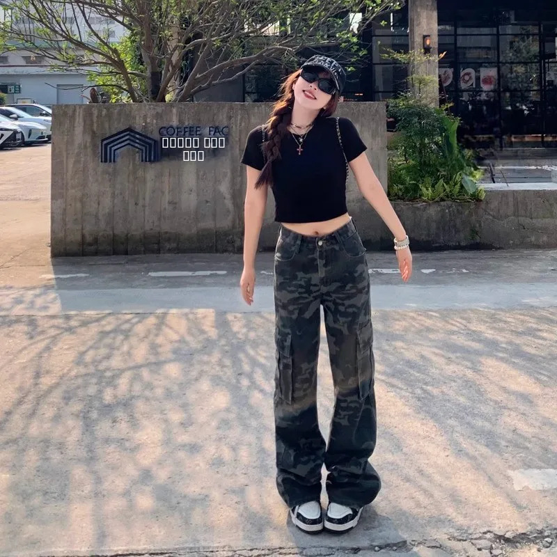 

Американские повседневные джинсы-карго с камуфляжным принтом, свободные прямые брюки, уличный стиль, эффект похудения, темно-синий деним