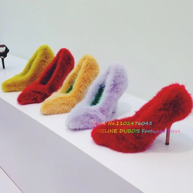 Yellow Fluff High Heel Pumps Pointy Toe Luxury Stiletto Heel Solid Color Slip On Elegant Catwalk Party Dress Shoes Foe Ladies