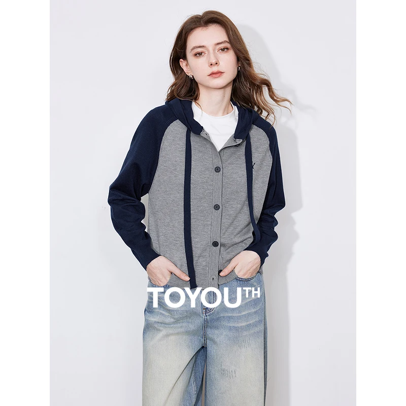 TOYOUTH Women Wool Knitted Sweater  2025 Spring New College Style Contrasting Color Raglan Sleeves Hooded Drawstring Cardigan