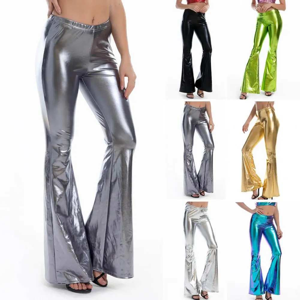 

Women Performance Pants Glossy Elastic Waist Bodycon Dancer Pants Solid Color Reflective Stretchy Flared Trousers Women Garment