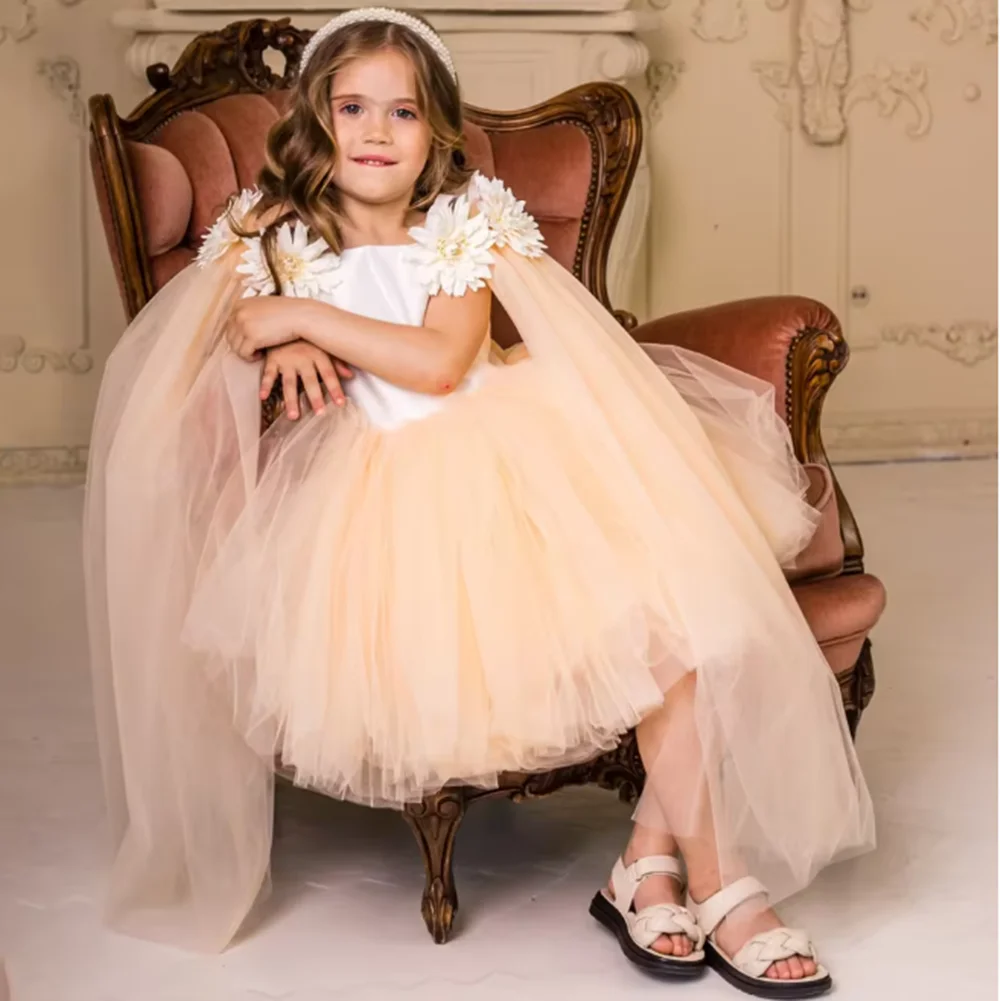 

Customized Flower Girl Dress White Orange Tulle with Shawl Sleeveless for Wedding Birthday Pageant Holy Communion Gown