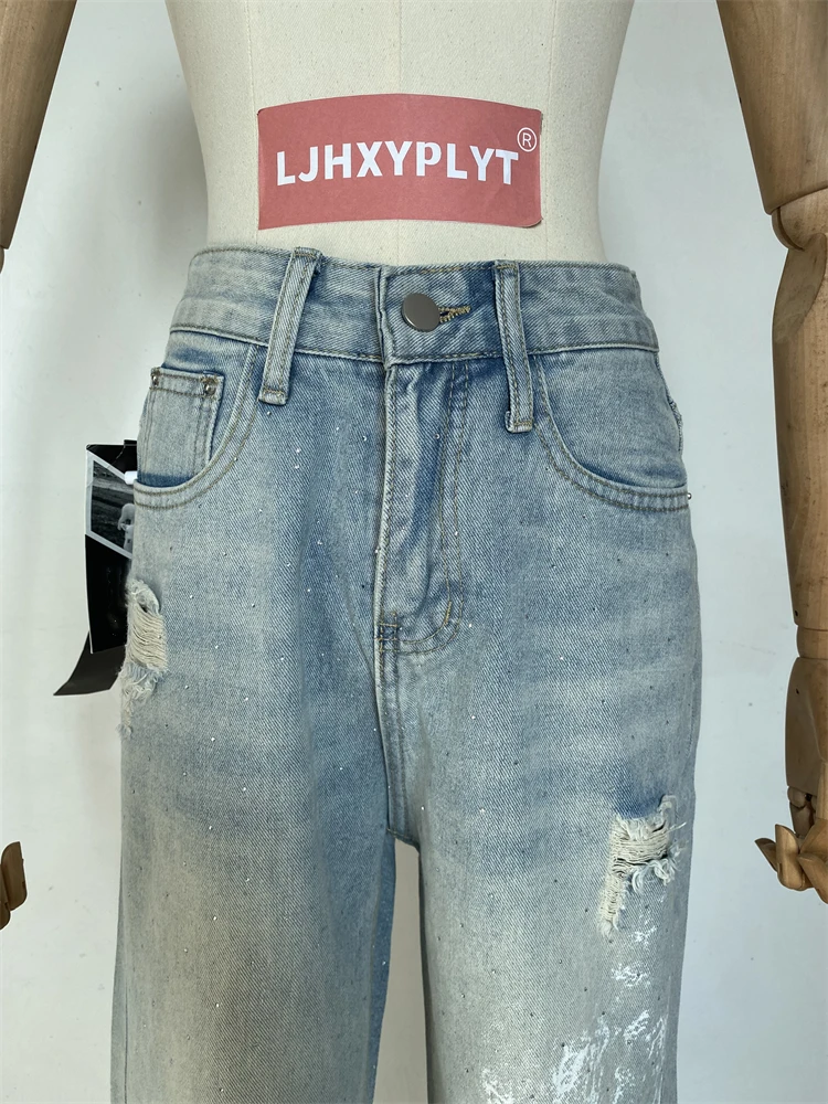 Jean bleu perforé creux imprimé pour femmes, pantalon ample personnalisé, bas décontracté Cool pour filles, pantalon en Denim de rue