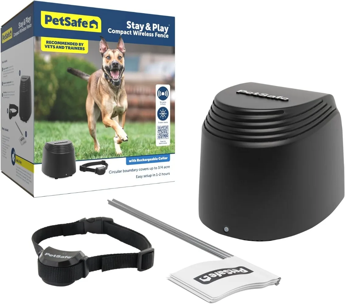 Stay Play Compact Wireless Pet Fence No Wire Circular Boundary Secure up to 3/4 Acre No-Dig Portable Fencing America's Safest