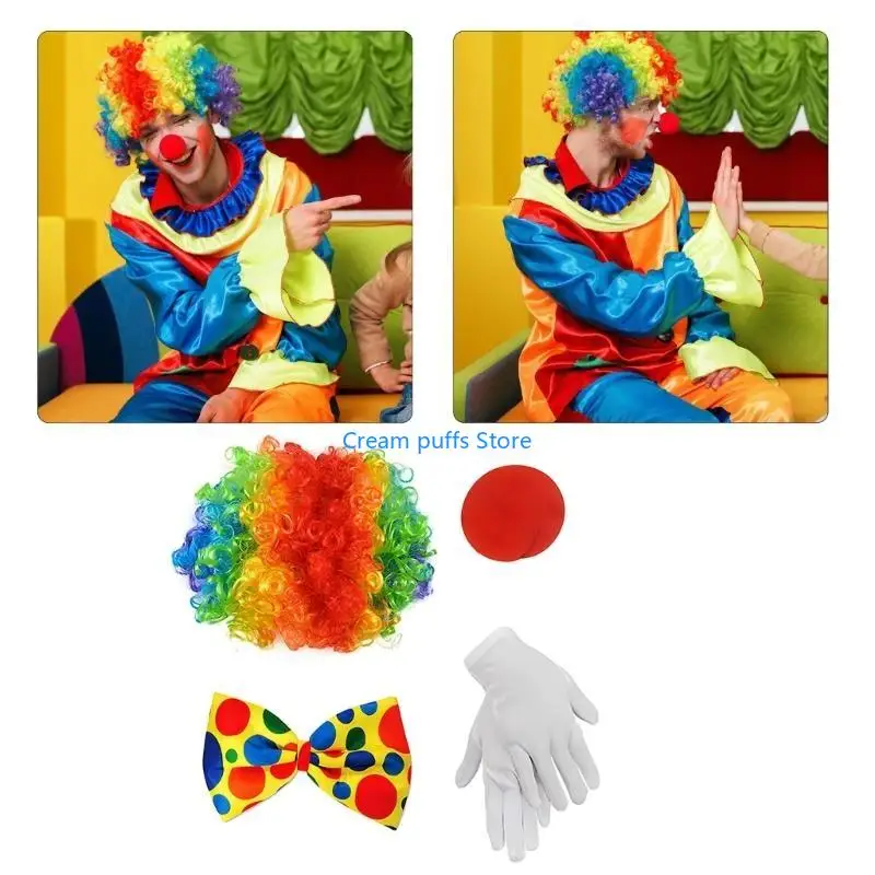 50LE Adults Clown Cosplay Ensemble Rainbow Bowtie Set for Halloween Celebration