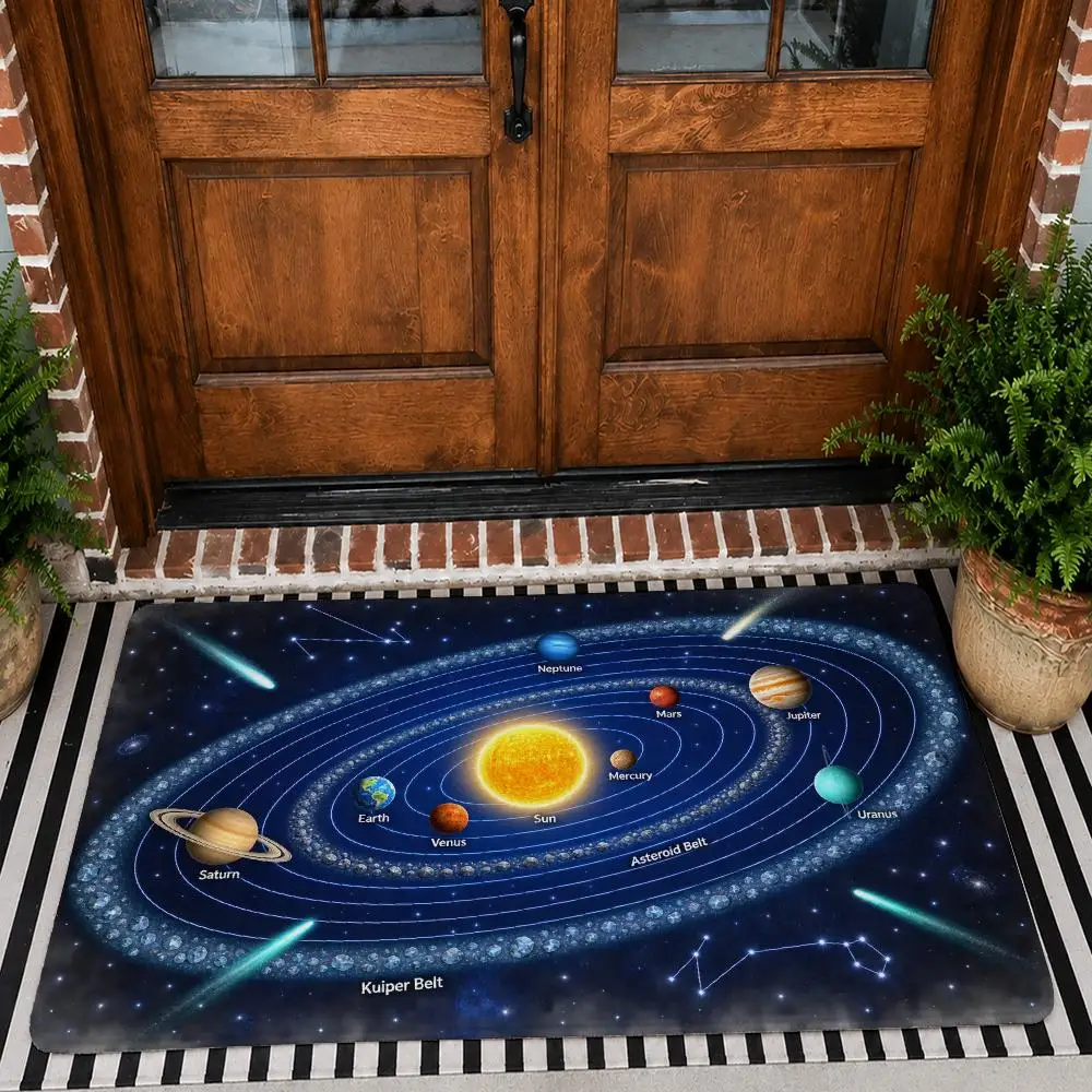 Solar System Planet Orbit Chart Floor Mat Flannel Rug Non Slip Absorbent Soft Washable For Entryway Bathroom Kitchen Decor