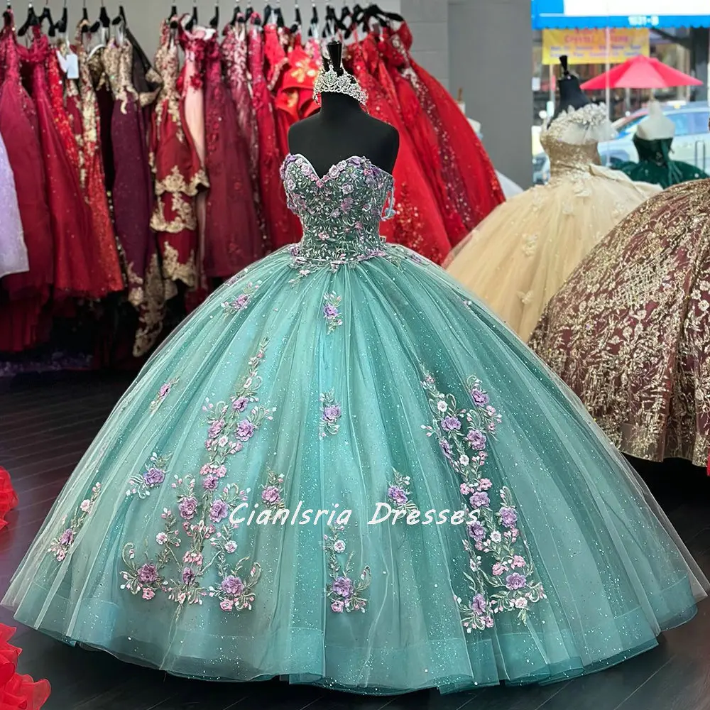 

Mint Green Spaghetti Strap Appliques Lace Quinceanera Dresses Ball Gown Pink 3D Flowers Crystal Corset Vestidos De Quinceañera