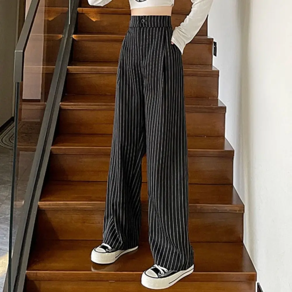 

Loose Stripe Straight Leg Pants Workout Trousers Autumn Casual Pants Women Drape Feeling High Waist Wide Leg Pants Streetwear
