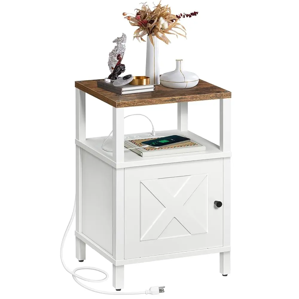 

Farmhouse Nightstand With Charging Station, White Bedside Table With Usb&Type-C Ports And Outlets, End Table With Storage,