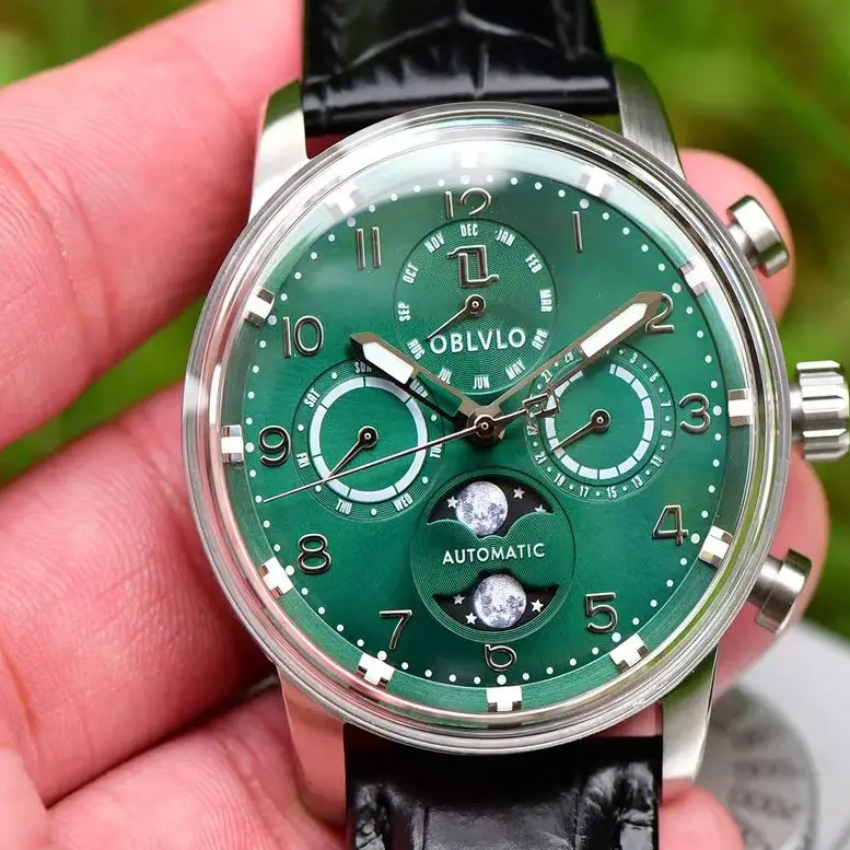 OBLVLO Men Automatic Watch 42MM Moon Phase Mechanical Wristwatch Luminous Waterproof Sapphire Mirror Multi-Dial Month Week Date view 5