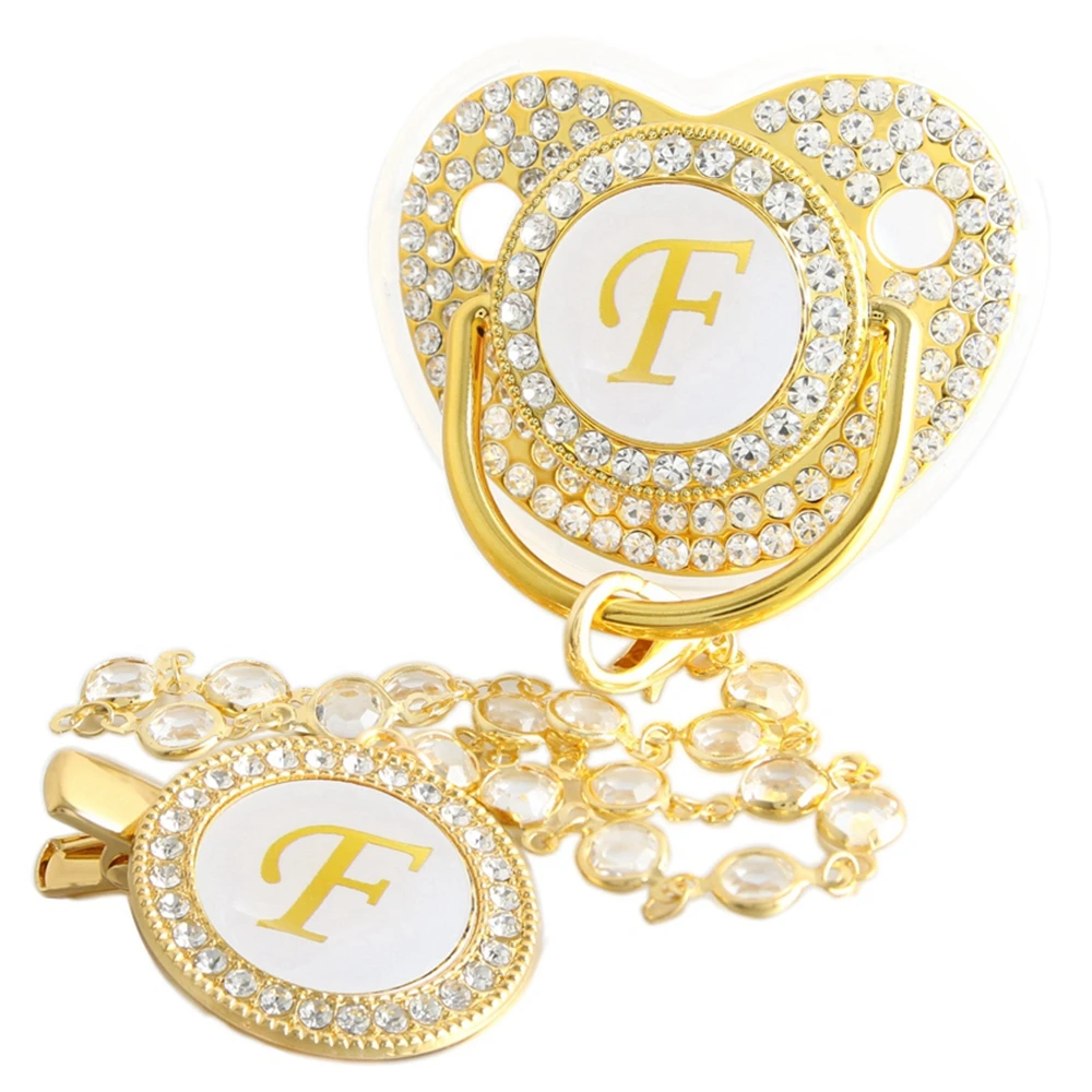 Goldener Baby-Schnuller mit 26 Anfangsbuchstaben und Diamantkettenclip – Detail 6
