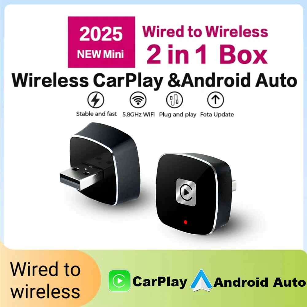 محول Carplay لاسلكي 2 in1 لهواتف أندرويد آيفون سلكي تلقائي إلى صندوق AI لاسلكي اتصال USB لفولفو بنز Mg كيا شيري VW
