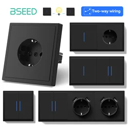 BSEED Large Button Switch LED Indicator 2Way Wall Light Switches USB Phone Charge Port Wall Power EU Sockets Black E-Series