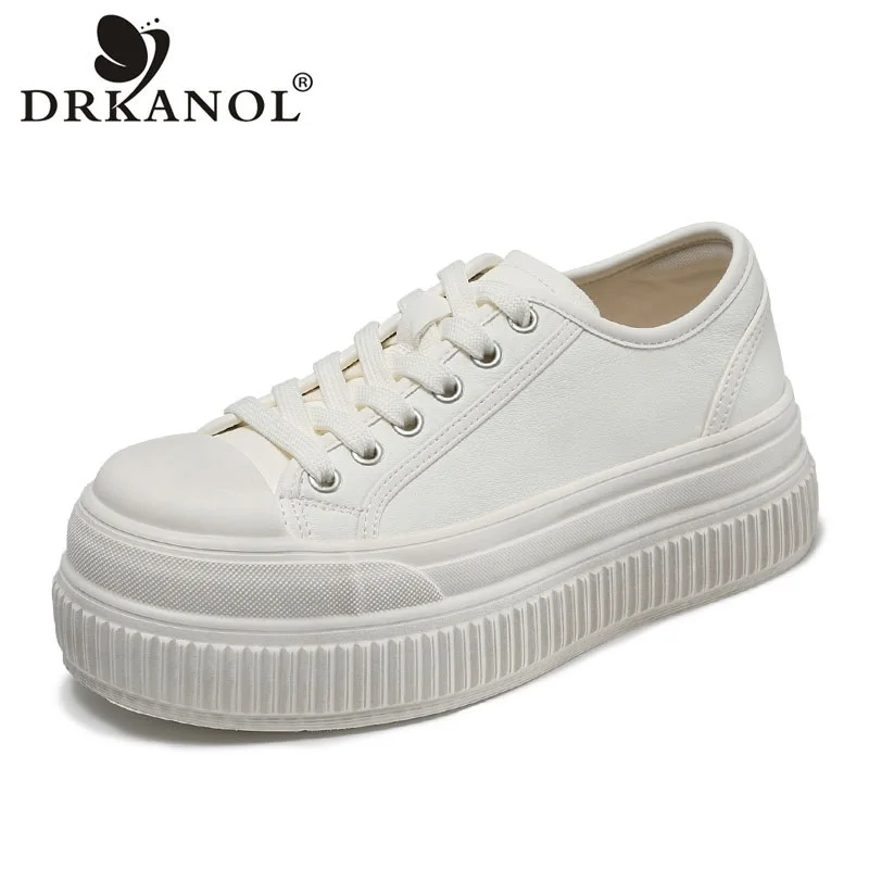 DRKANOL Fashion Spring Autumn Genuine Leather Shoes Women Chunky Platform Thick Sole Height Increasing Lace-Up Casual Shoes Lady