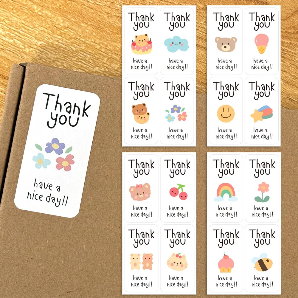 100pcs Cute Cartoon Ellipse Thank You Stickers Gift Box Sealing Stickers Store Packaging Sealing Labels