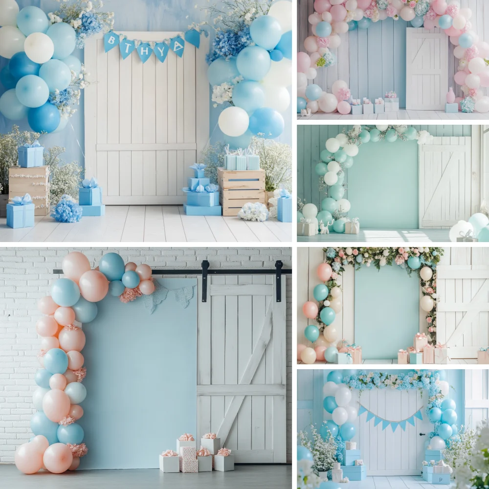 

Baby shower Newborn Photography Backdrop Prop Wooden Door Air Balloon Decorations Happy Birthday Party Photo Background