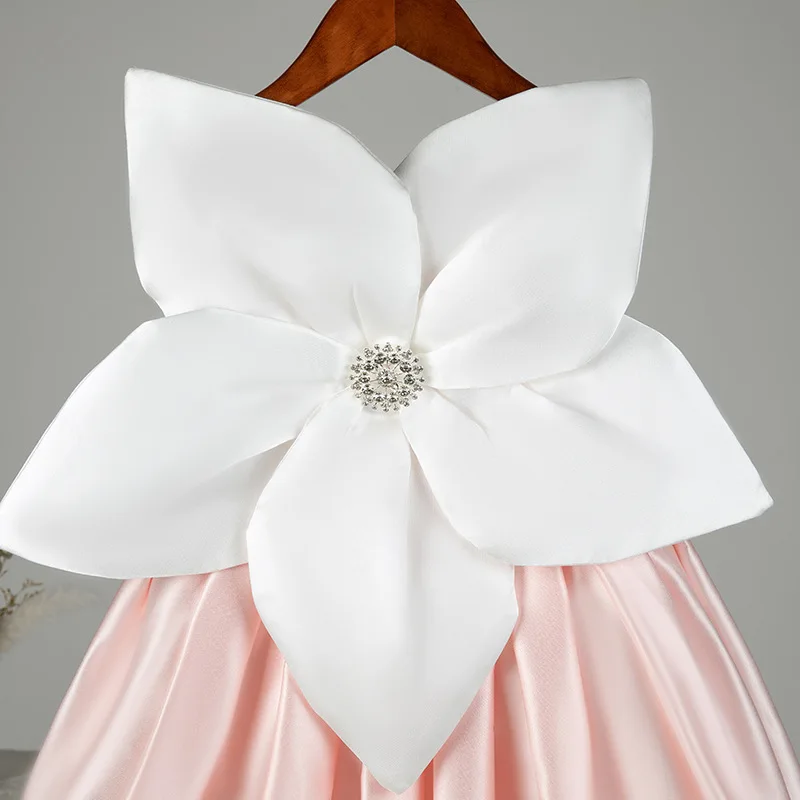 Simples rosa cetim grandes flores vestidos de festa de aniversário curto sem mangas vestidos da menina de flor para casamentos sagrada primeira comunhão