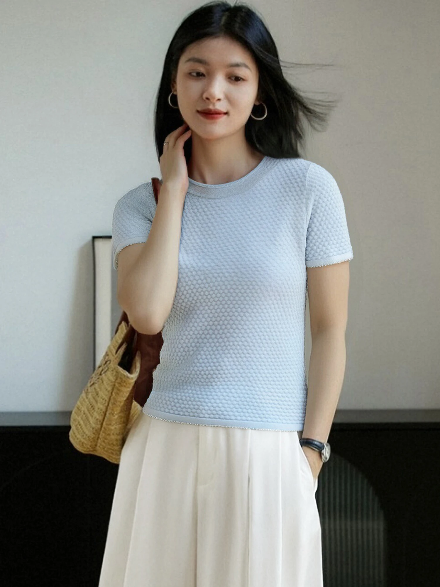 

Blue Knitted ort Sve round Ne T-irt Women's New Summer Geometric Texture Top Comfortable Breathable Casual Tee