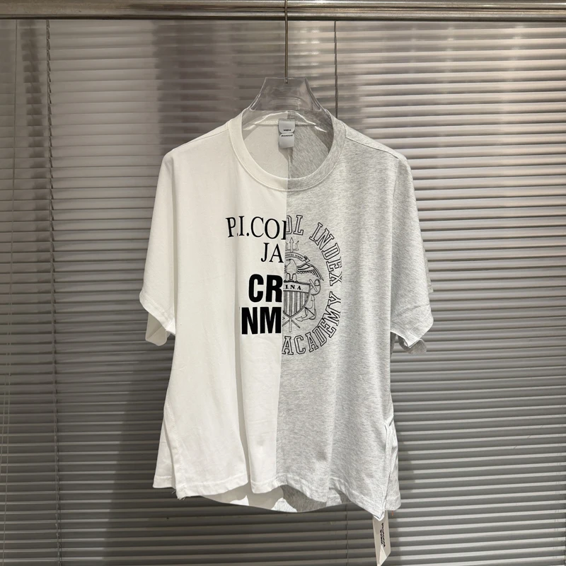 Retro Patchwork Irregular Cutting Patchwork Logo Mother Tongue Print Short Sleeved American Casual Cotton Protocol Index T-shirt