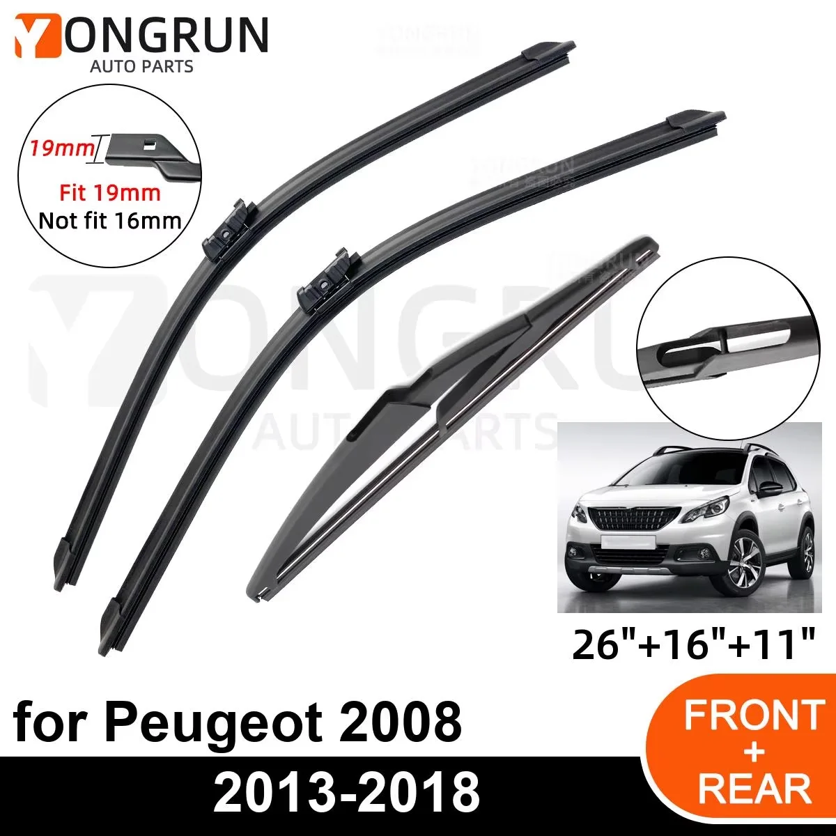 YONGRUN Auto-Wischer für Peugeot 2008 2013–2018, vordere und hintere Windschutzscheibe, vier Jahreszeiten, langlebiges Zubehör, 2013, 2015, 2016, 2017, 2018
