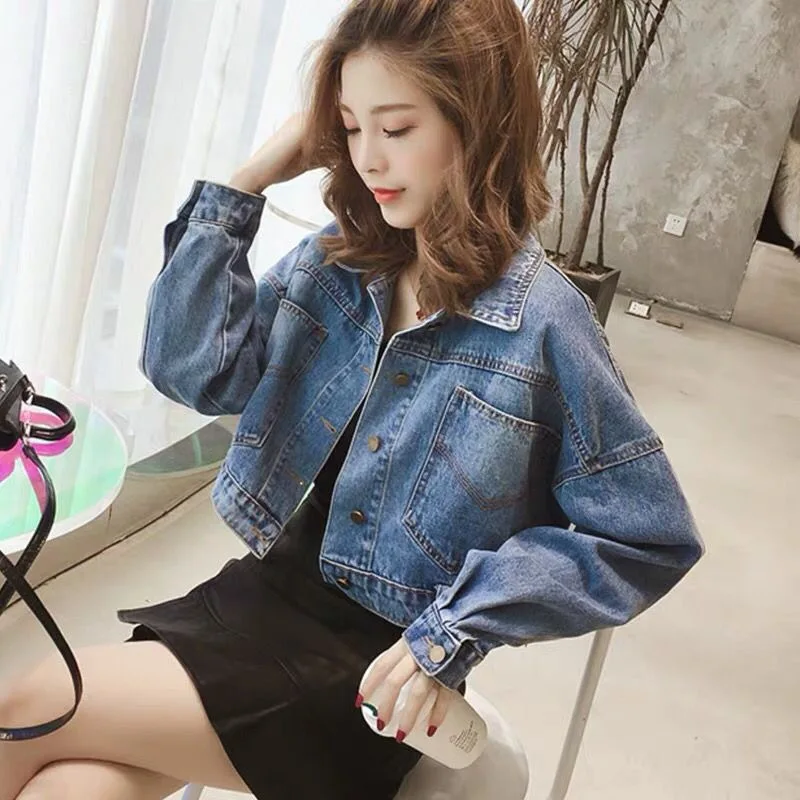 

Trendy Short Denim Jacket Women High Waist Loose Fit Spring Autumn 2026New Style Single Breasted Turn-down Collar Women Jacket
