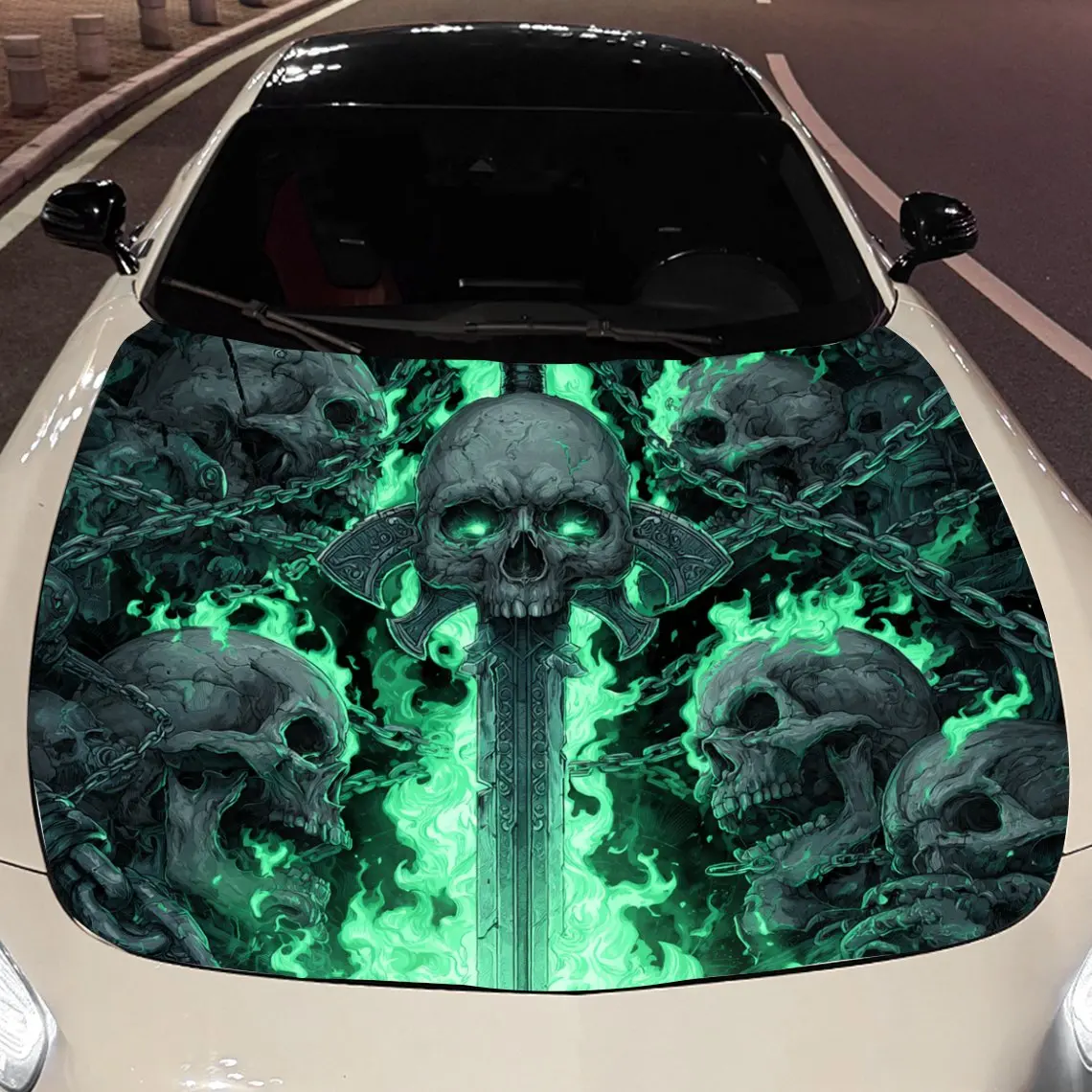 Magic Sword Piercing Skull Car Vinyl Wrap, PVC Material Waterproof Car Hood Sticker, Self-Adhesive Scratch-Resistant Stickers fo