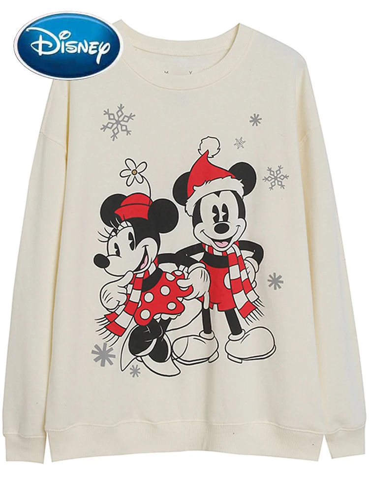 Disney Sweatshirt Fashion Mickey Minnie Mouse Merry Christmas Cartoon Print Sweet Women Long Sleeve O-Neck Jumper Top Streetwear