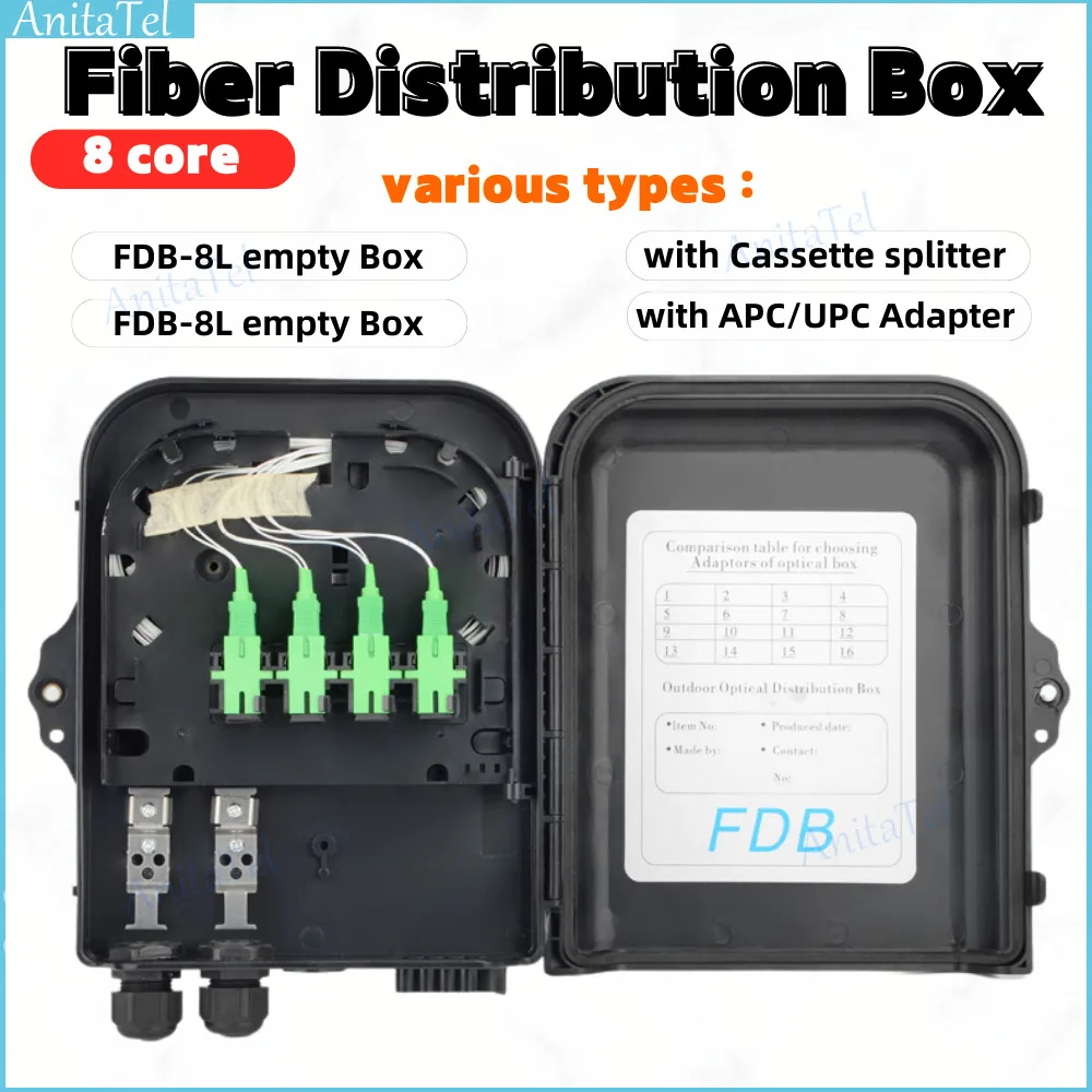 

8 core Fiber Optic Distribution Box uncut cable port Outdoor 1:8 splitter nap box Cassette Distribution Box with APC/UPC adapter