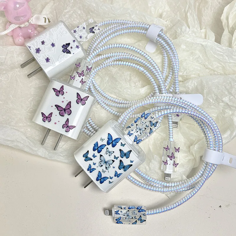 USB Cable Protector Data Line Bite Fast Charging Case for iphone 18W/20W Head Winder Head Cord Cover Ins Cute Colorful Butterfly