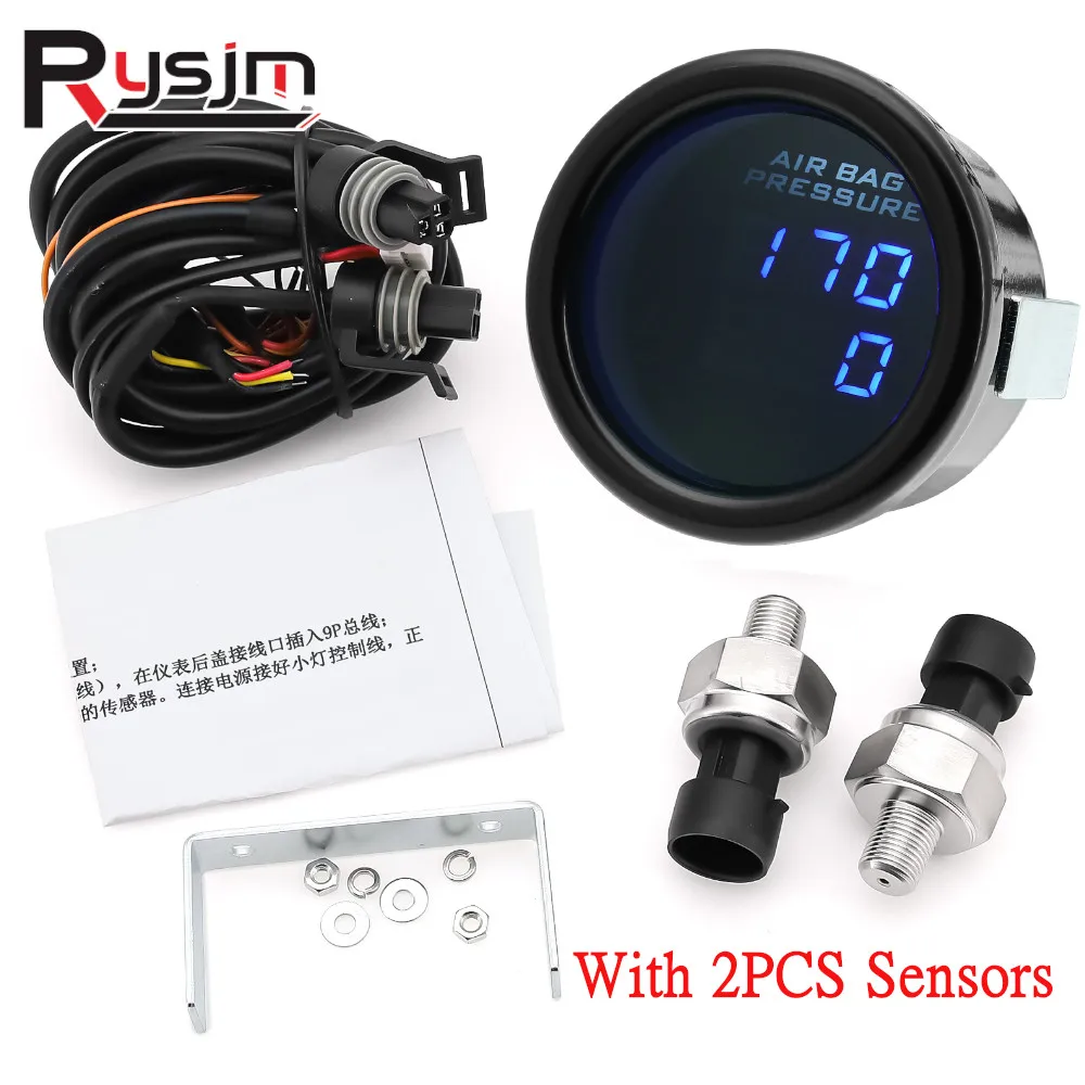 52mm Dual Display Air Pressure Gauge 220PSI for Air Suspension Blue LED Dual Air Press Gauge with 2pcs 1/8 NPT Sensor