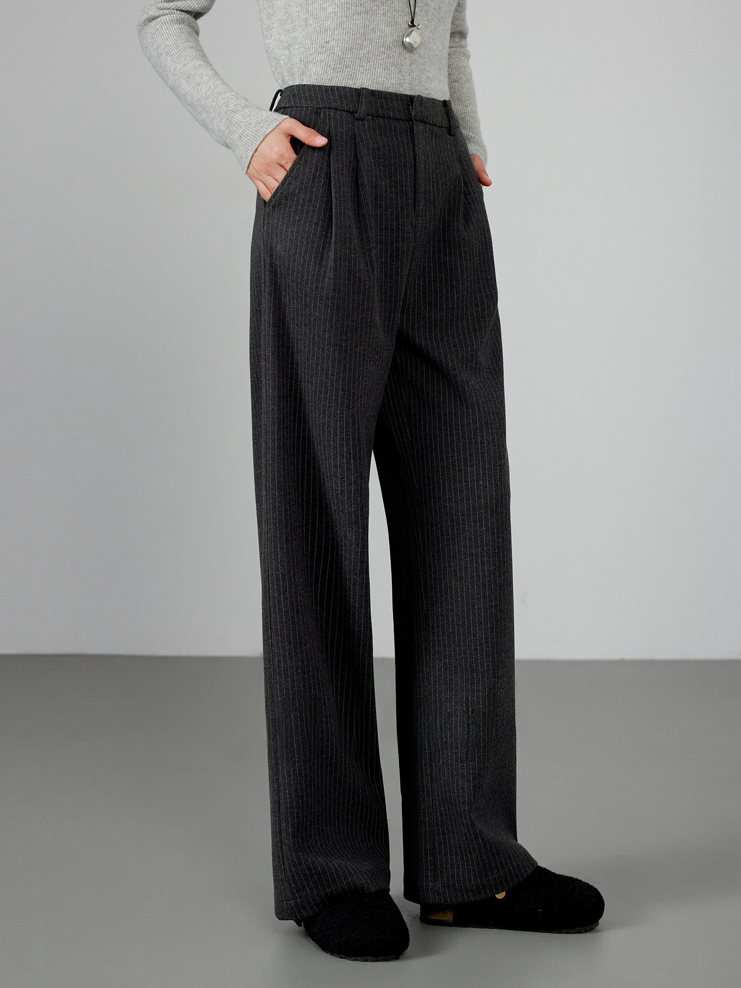 

Женские зимние шерстяные повседневные брюки Chivirin Classic Italian Sle с двойными складками, твидовые, с высокой талией, широкие штанины