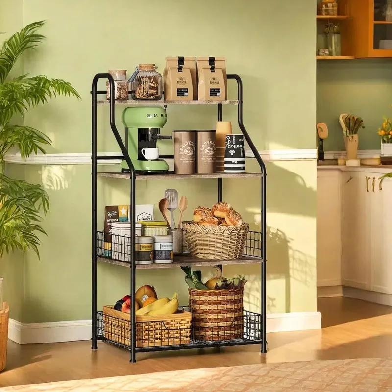 Four-layer iron wood storage rack, microwave oven rack, table rack, kitchen baking rack.