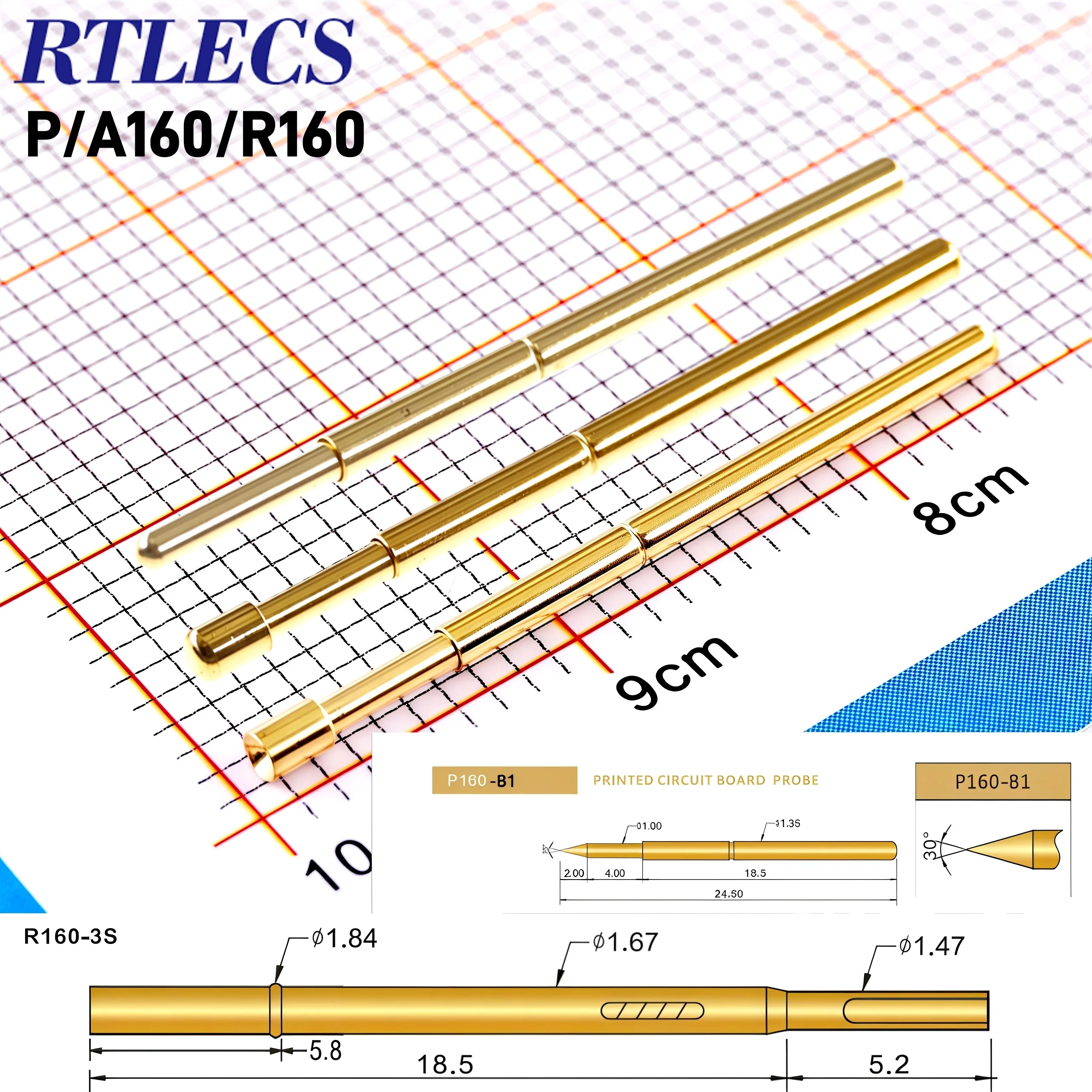Spring Loaded PCB Test Probe P160 R160 Receptacle Series Gold Plated Printed Circuit Board Current Rated 3A Diameter 1.36mm