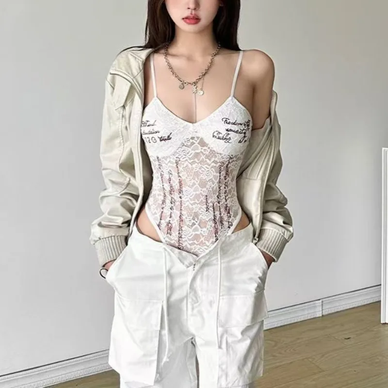 

Сексуальный кружевной комбинезон, майки, женские летние топы Y2K с буквенным принтом и открытой спиной, шикарные прозрачные женские клубные жилеты, топы