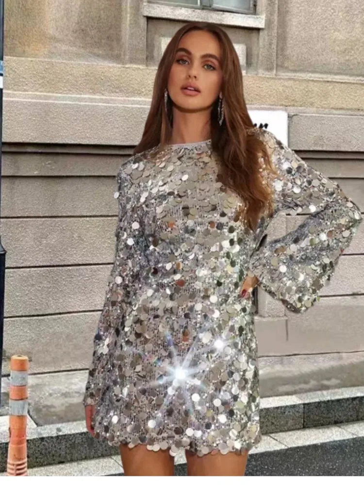 シルバービッグスパンコールドレス女性ファッション O ネックベル長袖 A ラインパーティードレストレンディなストリートウェアナイトクラブ Vestidos 女性