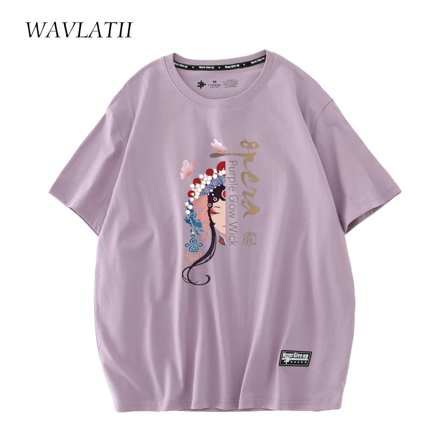 WAVLATII New 2023 210g/m2 Cotton T Shirts for Women Purple Summer Female Tees Lady Pink Opera Pattern Short Sleeve Tops WT2302