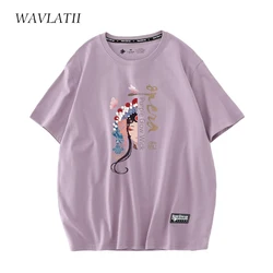 WAVLATII New 2023 210g/m2 Cotton T Shirts for Women Purple Summer Female Tees Lady Pink Opera Pattern Short Sleeve Tops WT2302