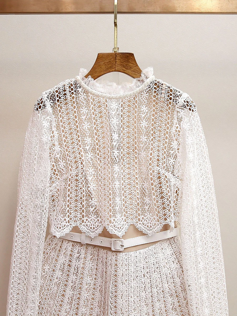 VGH الصلبة التخسيس فساتين الدانتيل الأنيقة للنساء جولة الرقبة طويلة الأكمام عالية الخصر الربيع عارضة حزب فستان قصير الإناث جديد