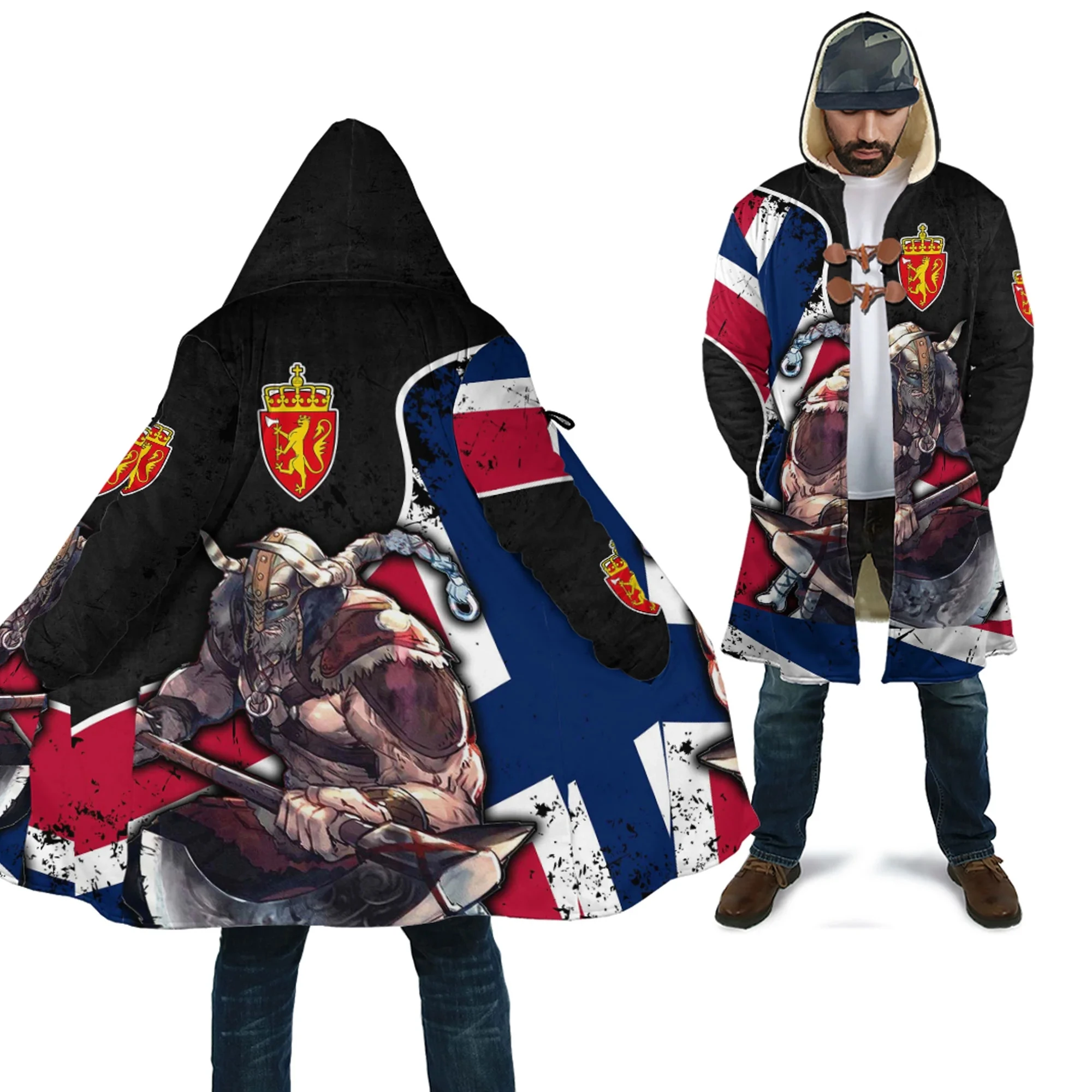 

Norway & Sweden & Iceland &Denmark Warriors Tattoo 3D Printed Men's Fleece Hooded Cloak Unisex Casual Thick Warm Cape coat PF103